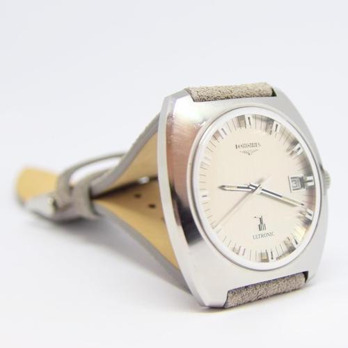 176 - LONGINES LARGE ULTRONIC DATE TONNEAU WRISTWATCH MODEL 8479 IN STAINLESS STEEL CASE WITH BOX 1976. RE... 