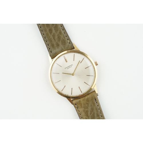 195 - UNIVERSAL GENEVE 18CT ROSE GOLD ULTRA THIN WRISTWATCH, circular silver dial with gold applied hour m... 