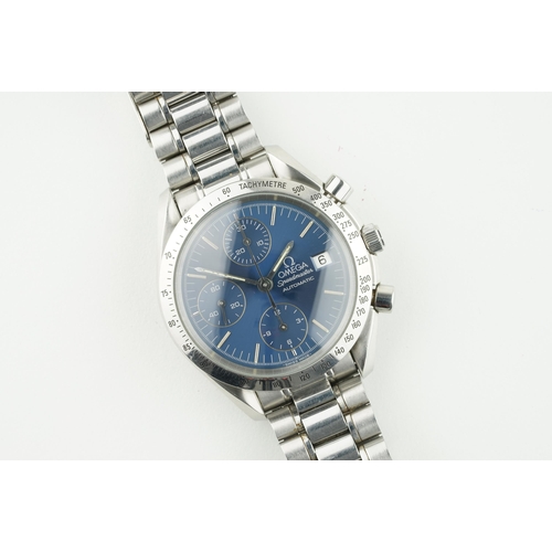 218 - OMEGA SPEEDMASTER AUTOMATIC DATE CHRONOGRAPH W/ GUARANTEE CARD REF. 35118000, circular triple regist... 