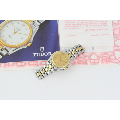 61 - LADIES TUDOR MONARCH REFERENCE 15833 WITH PAPERS 2002, circular champagne dial with baton hour marke... 