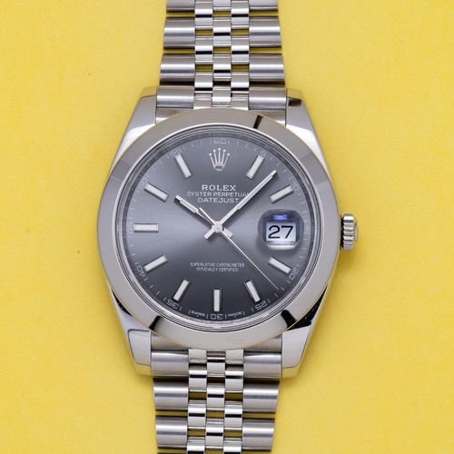 64 - GENTLEMAN'S ROLEX OYSTER PERPETUAL DATEJUST 41 SLATE, 126300, FEBRUARY 2018 BOX & PAPERS, circular s... 