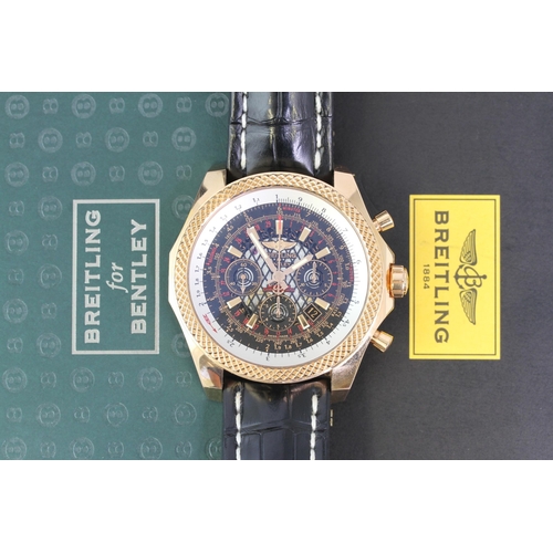 108 - 18CT BREITLING FOR BENTLEY B06 CHRONOGRAPH BOX AND PAPERS 2016, circular black skeleton dial with ap... 