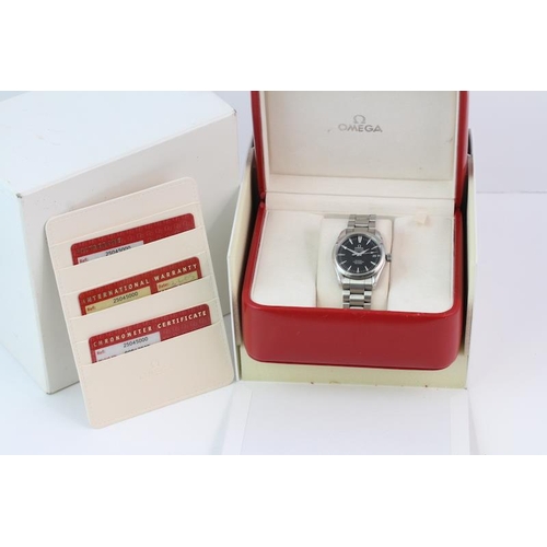 115 - OMEGA SEAMASTER AQUA TERRA BOX AND PAPERS 2005, circular gloss black dial with baton hour markers, d... 