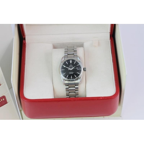 115 - OMEGA SEAMASTER AQUA TERRA BOX AND PAPERS 2005, circular gloss black dial with baton hour markers, d... 