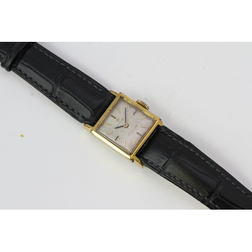 123 - AUTOMATIC LADIES OMEGA 19MM, Square silver dial with baton hour markers. In a gold plated case with ... 