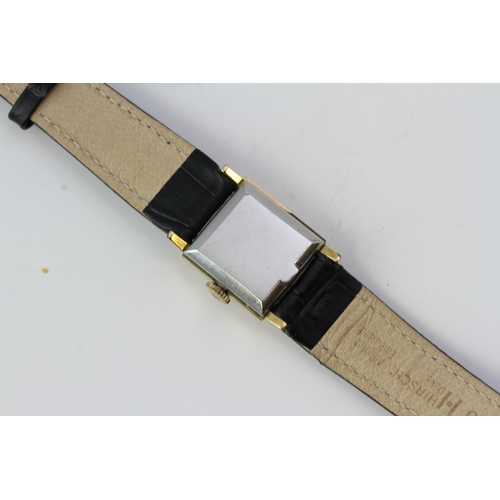 123 - AUTOMATIC LADIES OMEGA 19MM, Square silver dial with baton hour markers. In a gold plated case with ... 