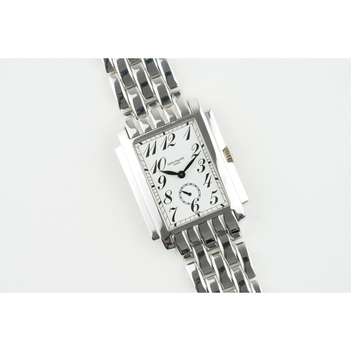 71 - PATEK PHILIPPE GONDOLO 18CT WHITE GOLD WRISTWATCH REF. 5024/1, rectangular white dial with arabic nu... 