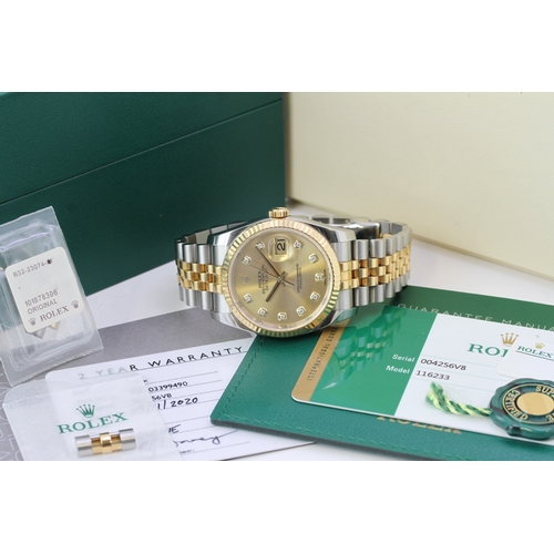 1 - ROLEX DATEJUST STEEL AND GOLD DIAMOND DIAL 116233 BOX AND PAPERS 2018, circular champagne dial with ... 