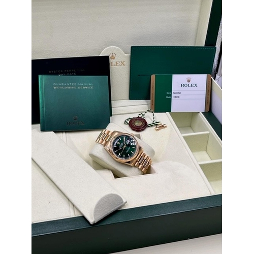 12 - 18CT ARABIC ROLEX DAY DATE 118238 BOX AND PAPERS 2016, Green dial with applied baton hour markers an... 