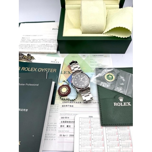14 - ROLEX EXPLORER 114270 BOX AND PAPERS 2006, Black dial with applied baton hour markers and Arabic num... 