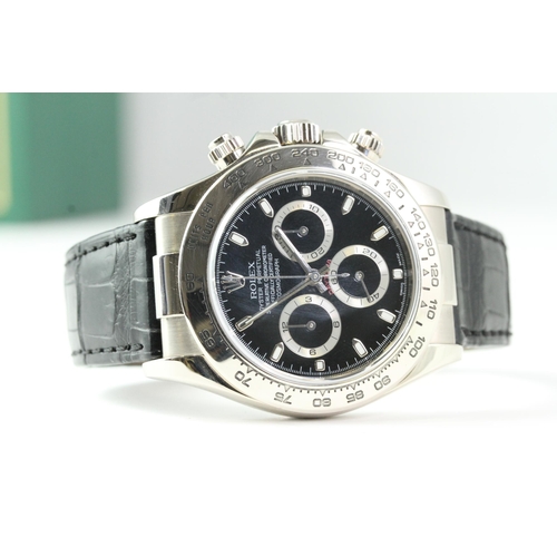 17 - 18CT ROLEX DAYTONA REFERENCE 116519 BOX AND PAPERS, circular gloss black dial with applied hour mark... 