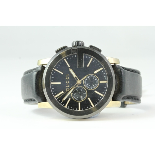 186 - GUCCI CHRONOGRAPH REFERENCE 101.2, black dial, gold detail, 44mm case, later leather strap, Gucci bu... 