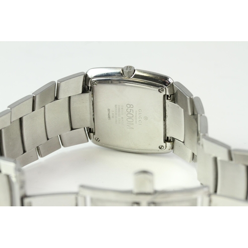 187 - GUCCI BRACELET WATCH REFERENCE 8500M, silvered cushion dial, 34mm stainless steel case and bracelet,... 