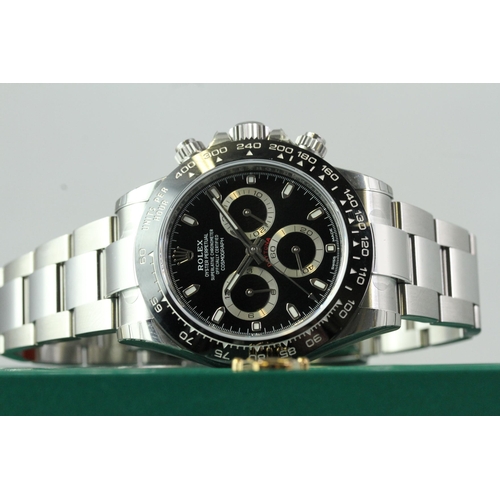 25 - ROLEX DAYTONA 116500LN BOX AND PAPERS 2018 WITH STICKERS, circular gloss black dial with applied hou... 