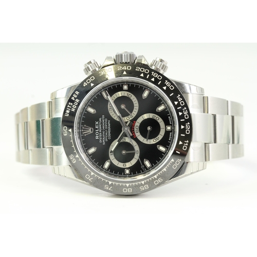 25 - ROLEX DAYTONA 116500LN BOX AND PAPERS 2018 WITH STICKERS, circular gloss black dial with applied hou... 