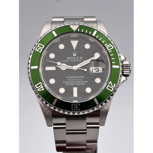 26 - ROLEX SUBMARINER 'KERMIT' 16610LV BOX AND PAPERS 2009, Black dial with applied baton and dot hour ma... 