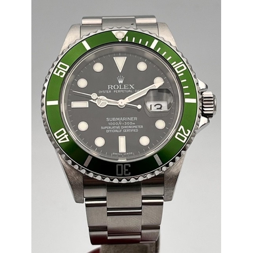 26 - ROLEX SUBMARINER 'KERMIT' 16610LV BOX AND PAPERS 2009, Black dial with applied baton and dot hour ma... 