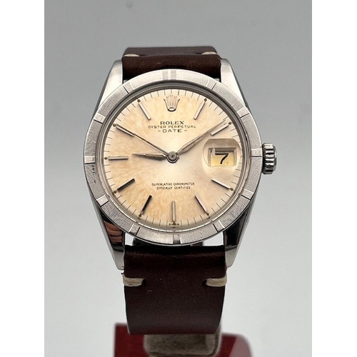 27 - ROLEX PERPETUAL DATE 1500 BOX AND PAPERS 1957, Patina white dial with baton hour markers, with a dat... 