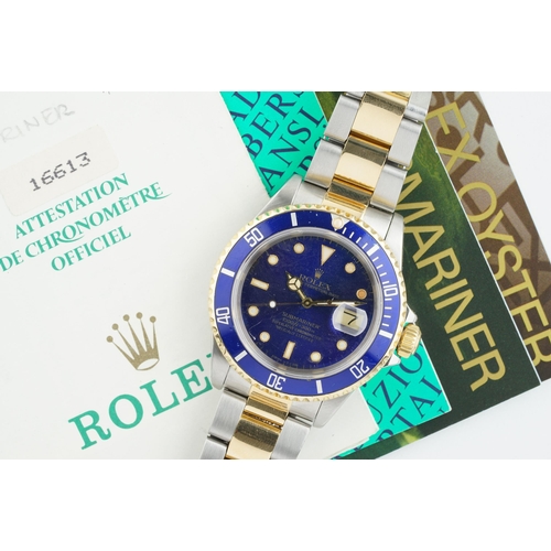 42 - ROLEX OYSTER PERPETUAL DATE SUBMARINER BLUE/PURPLE STEEL & GOLD W/ BOX & GUARANTEE REF. 16613, circu... 