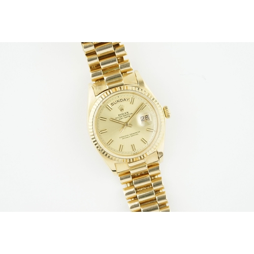 44 - ROLEX OYSTER PERPETUAL DAY-DATE 18CT GOLD 'WIDE BOY' REF. 1803 CIRCA 1970, circular champagne pie pa... 