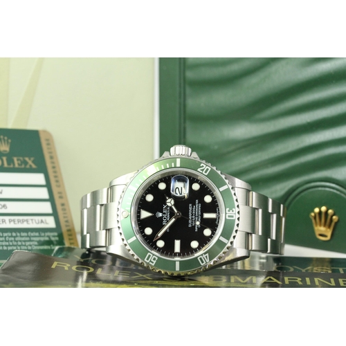 47 - ROLEX SUBMARINER 'KERMIT' 16610LV BOX AND PAPERS 2009, circular black dial with applied hour markers... 