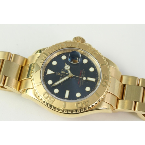 53 - 18CT GOLD ROLEX YACHT-MASTER 16628 WITH BOX AND PAPERS 2008, Blue sunburst dial with applied dot and... 