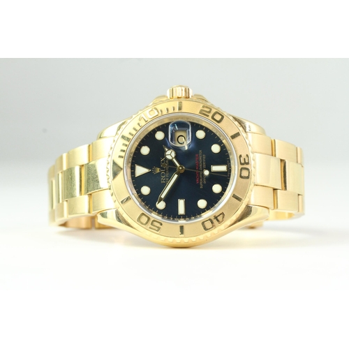 53 - 18CT GOLD ROLEX YACHT-MASTER 16628 WITH BOX AND PAPERS 2008, Blue sunburst dial with applied dot and... 