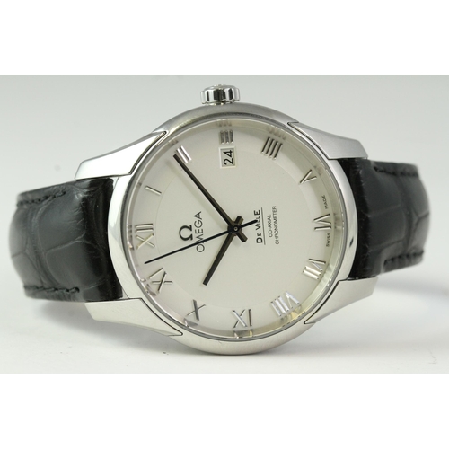 6 - OMEGA DE VILLE CO-AXIAL AUTOMATIC BOX AND PAPERS 2011, circular silver dial with applied roman numer... 