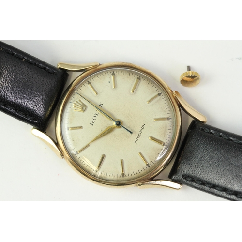 90 - 9CT VINTAGE ROLEX PRECISION MANUAL WIND, circular cream patina dial with baton hour markers, 31mm go... 