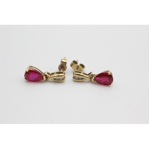 1067 - 9ct gold ruby & diamond drop earrings (2g)