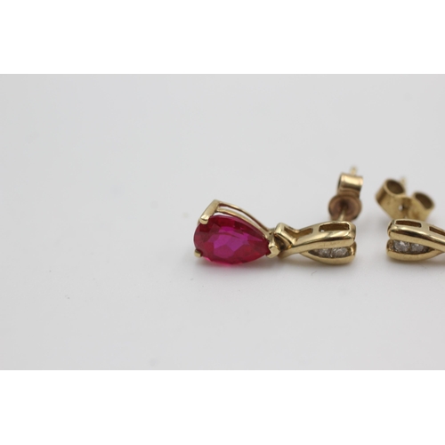 1067 - 9ct gold ruby & diamond drop earrings (2g)