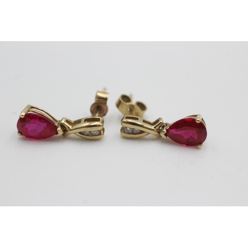 1067 - 9ct gold ruby & diamond drop earrings (2g)