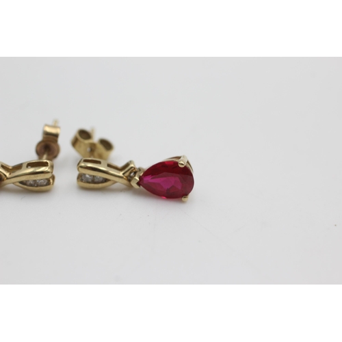 1067 - 9ct gold ruby & diamond drop earrings (2g)