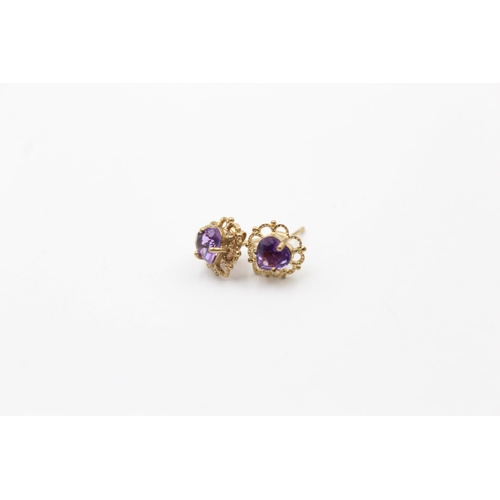 1075 - 3 x 9ct gold paired gemstone stud earrings inc. sapphire, amethyst & smoky quartz (2.1g)