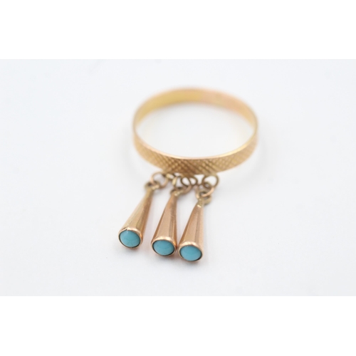 1096 - 14ct gold turquoise tassels ring (1.8g)