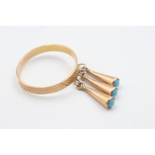 1096 - 14ct gold turquoise tassels ring (1.8g)