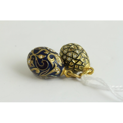 1136 - Fine russian silver gilt pair of egg pendants . Beautifully enamelled with clear white paste stones ... 