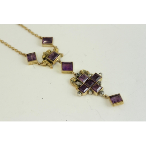 1504 - Antique 15ct gold amethyst and diamond heavy necklace. Measures 46cm in length . The pendant measure... 