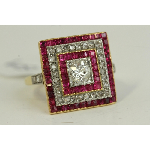 1509 - Antique Art Deco ruby and rose cut diamond ring. Set in 18ct gold with rose cut diamonds and rubies ... 