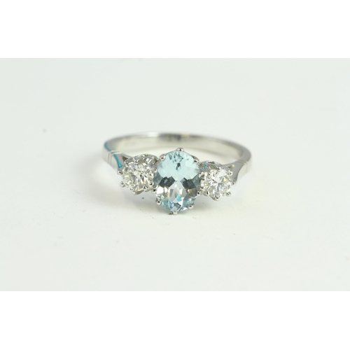 1526 - Platinum Claw-set Aqua & Diamond 3-stone Ring. A1.01ct & D0.50ct