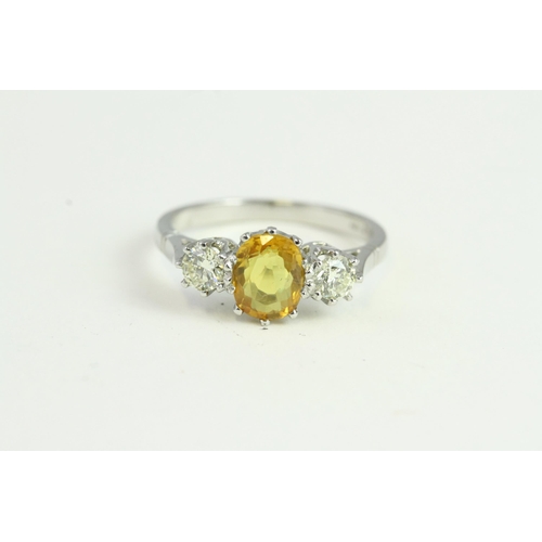 1528 - Platinum Oval Yellow Sapphire & Diamond 3-Stone Ring. YS1.70ct & D0.50ct.