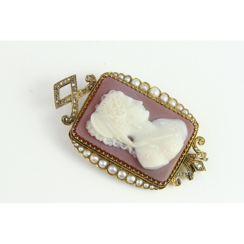 1536 - Hardstone Cameo Brooch w / Pearls & Diamonds