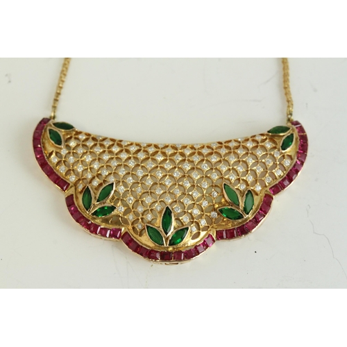 2025 - Fine heavy emerald ruby and diamond bib necklace. Set in solid 18ct gold . Weighs 19.1 grams. Measur... 