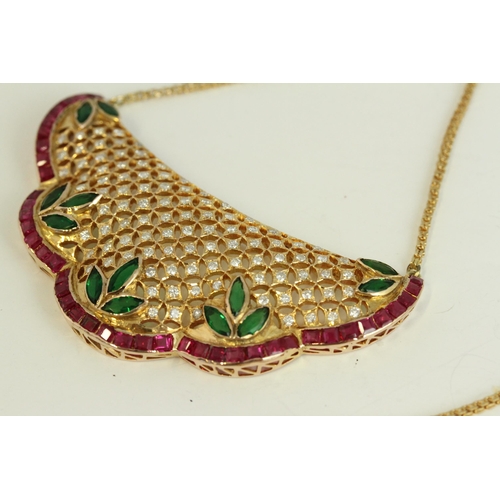 2025 - Fine heavy emerald ruby and diamond bib necklace. Set in solid 18ct gold . Weighs 19.1 grams. Measur... 