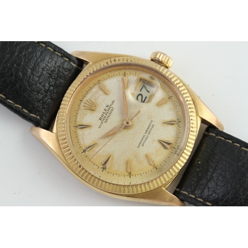 8 - RARE 18CT VINTAGE ROLEX DATEJUST 6605 CIRCA 1959, circular cream patina dial with dagger hour marker... 