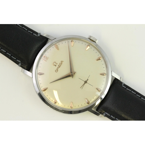 81 - VINTAGE OMEGA JUMBO CK2808 WITH EXTRACT FROM THE ARCHIVES 1956, circular cream dial with baton hour ... 