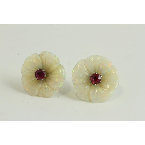 1109 - Fine 18ct gold carved natural opal and ruby flower earrings, set in 18ct gold. The earrings measure ... 