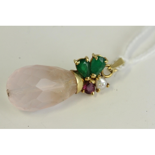 1129 - Fine 18ct gold emerald and rose quartz drop pendant. Set with emeralds, ruby and a pearl and a large... 