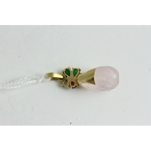 1129 - Fine 18ct gold emerald and rose quartz drop pendant. Set with emeralds, ruby and a pearl and a large... 