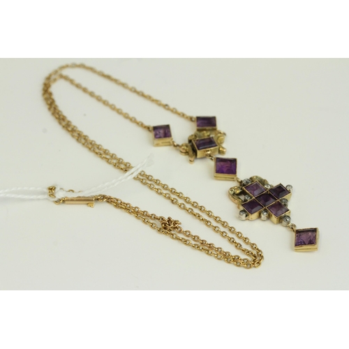 1504 - Antique 15ct gold amethyst and diamond heavy necklace. Measures 46cm in length . The pendant measure... 